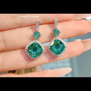 Gorgeous tourmaline crystal 4.2CT square cut earrings rhodium finish #243
